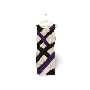 Cache Geometric Black White Purple Striped Bodycon Dress Size 6